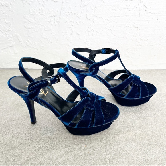 YSL Yves Saint Laurent Tribute 75 Heel Sandal in Bluette Blue Velvet 35.5 - Picture 7 of 10